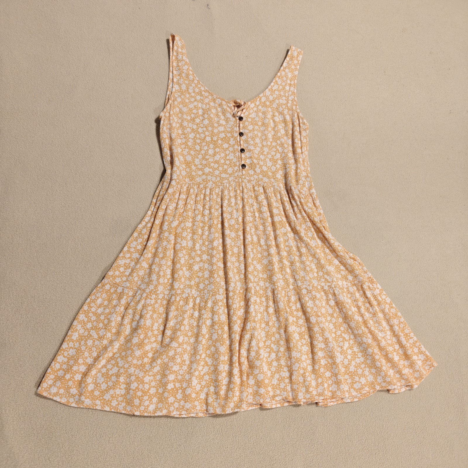 Ghanda Clothing Womens Small Yellow Floral Tiered Mini Dress Tie Front Sundress