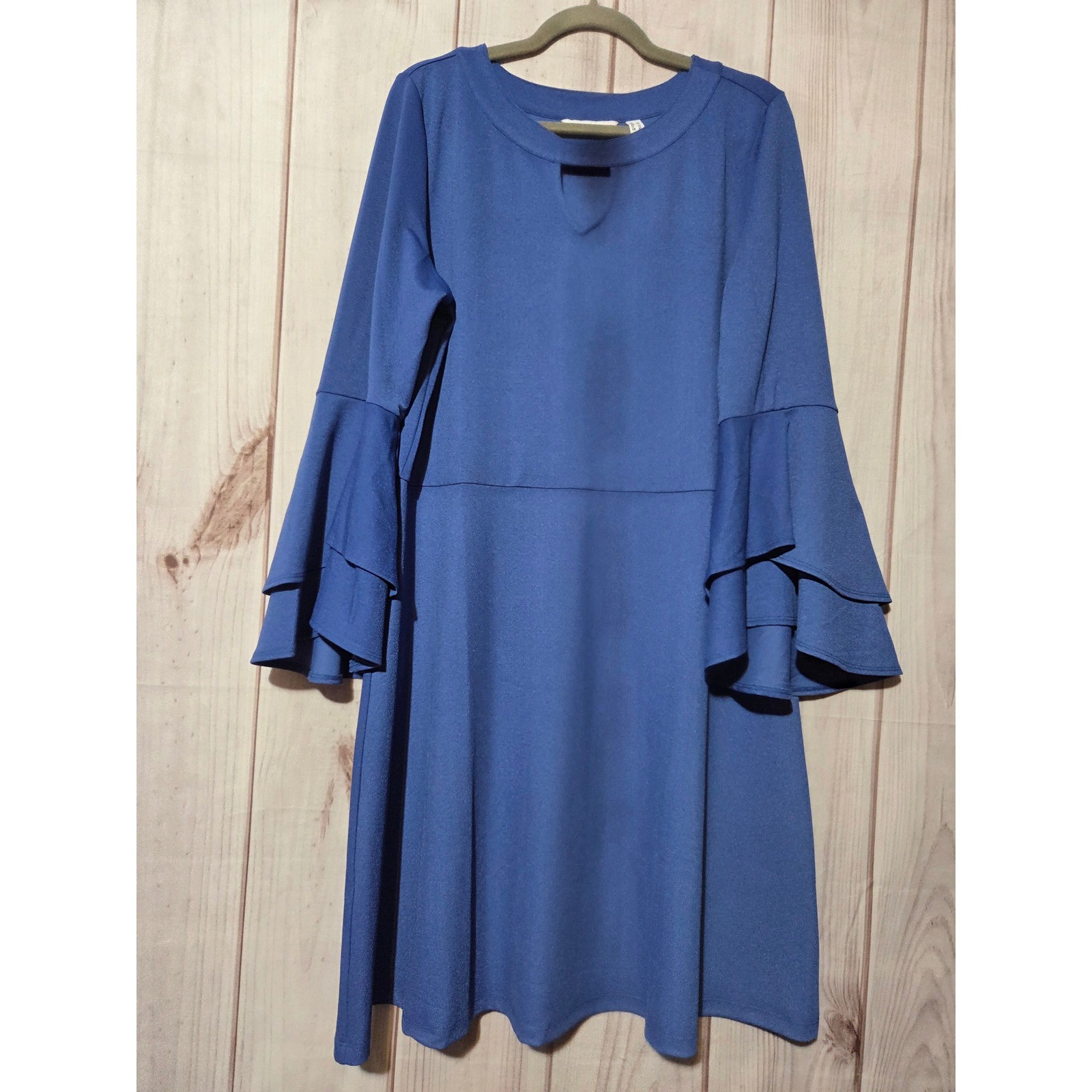 Isaac Mizrahi Live Womens Blue Tiered Bell Sleeve Keyhole Neck Flare Dress L