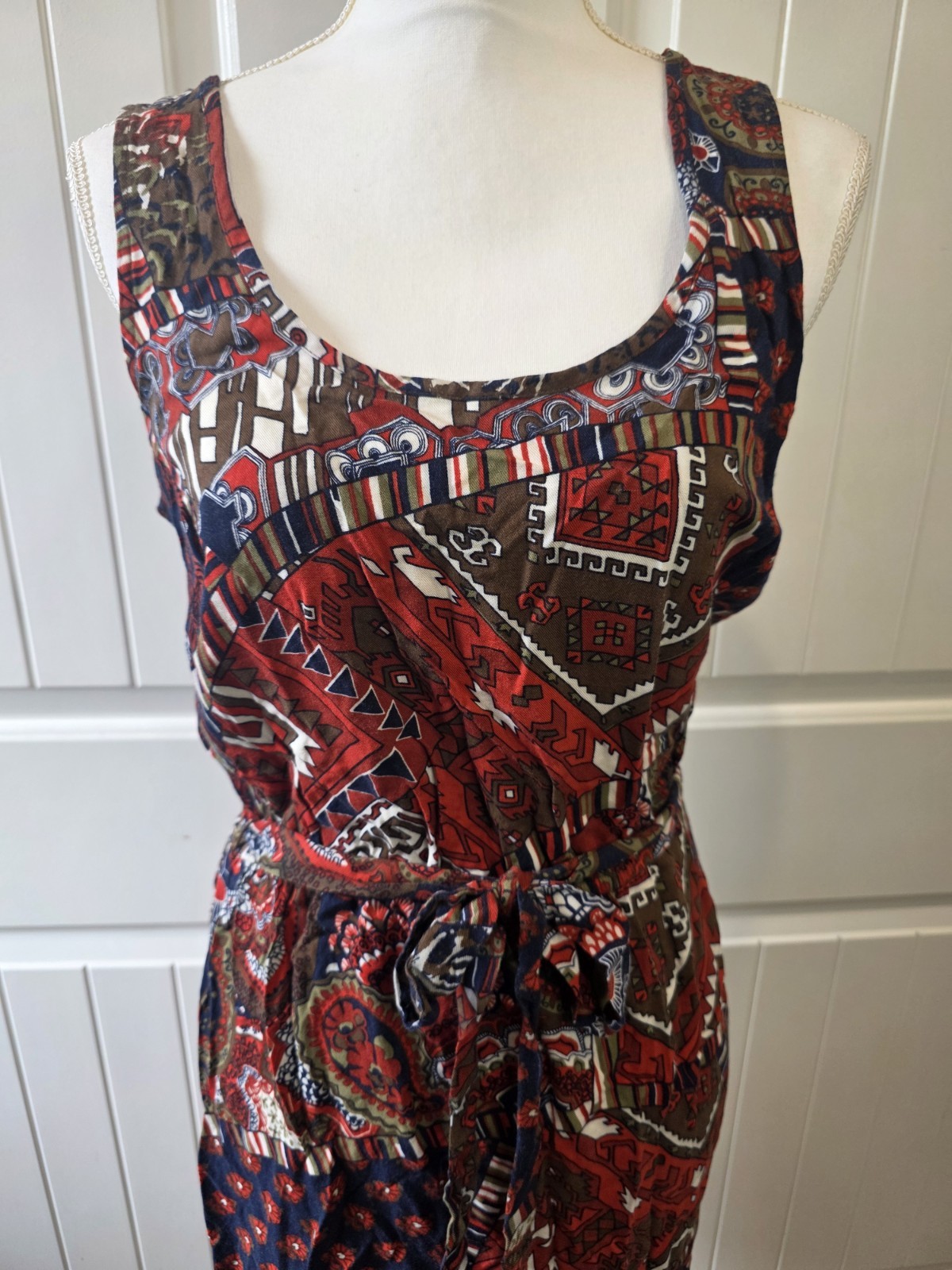 Lucky Brand NWT Patchwork Print Sleeveless Tie Waist Sz M Dress Boho Rayon