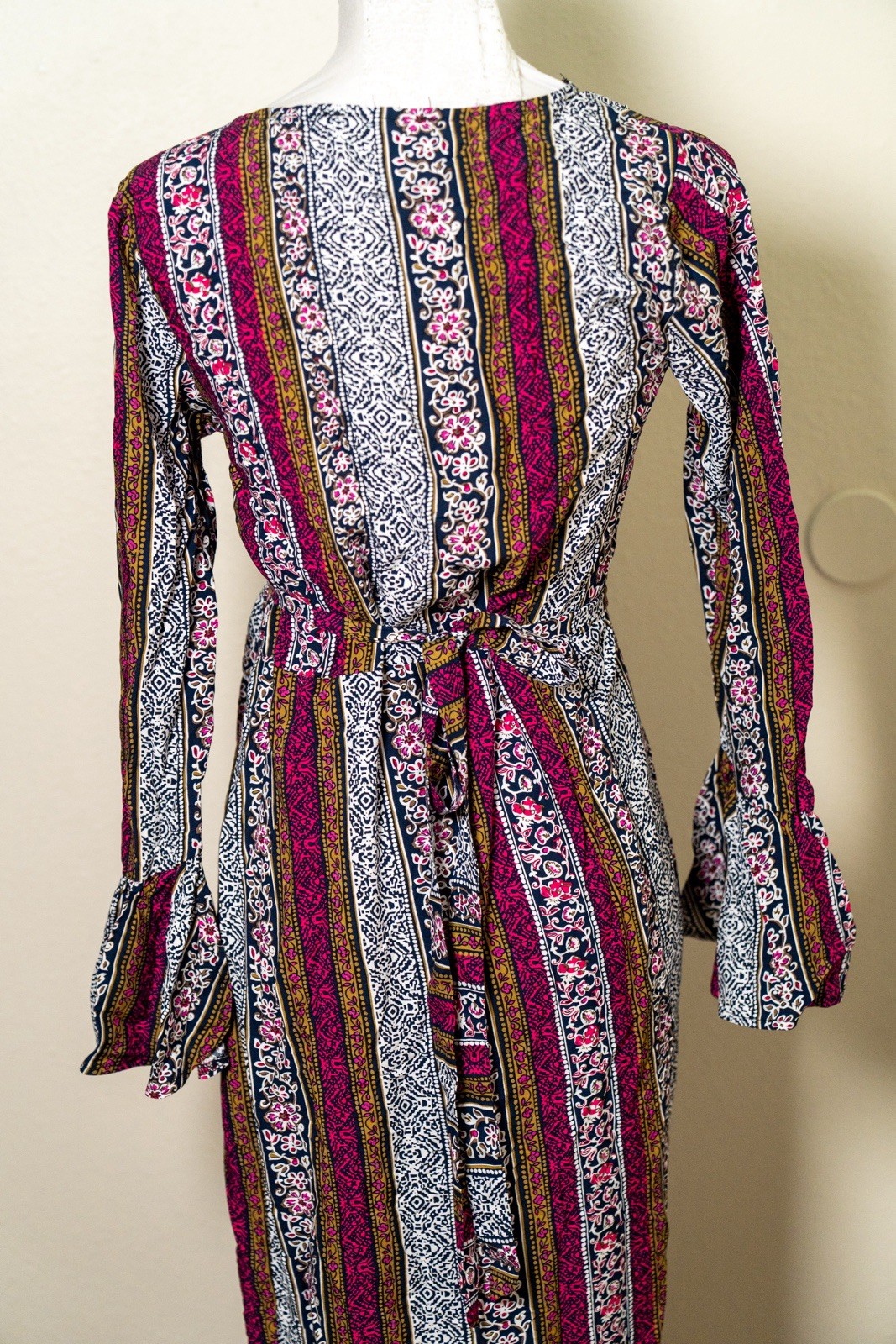 R. Vivimos Womens S Multicolor Floral V-Neck Wrap Maxi Long Sleeve Tie Ruffle