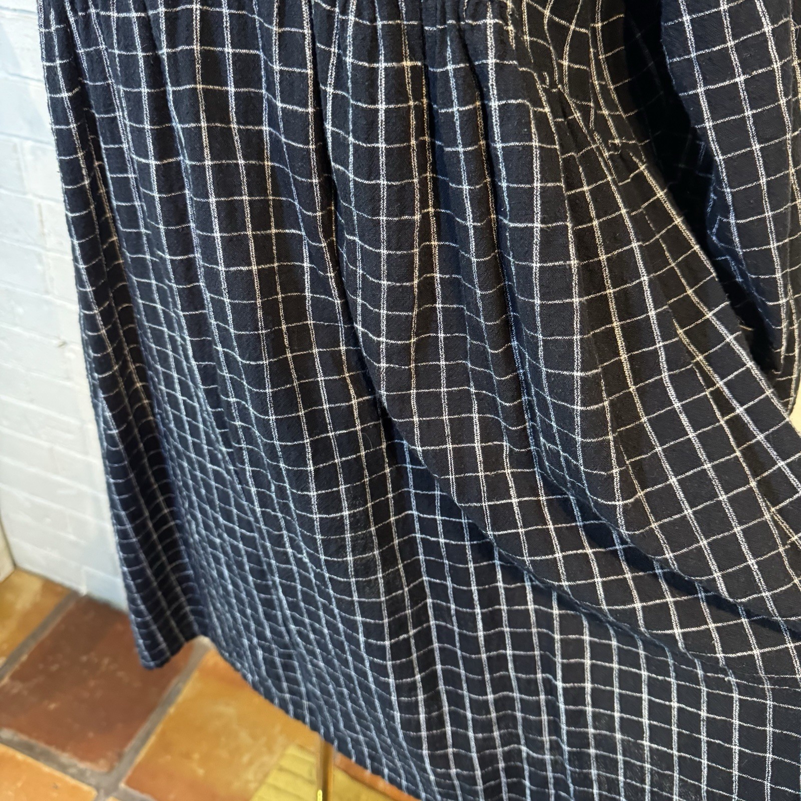 ABLE Nico Black White Windowpane Cotton Babydoll Swing Dress Puff Sleeve Size M