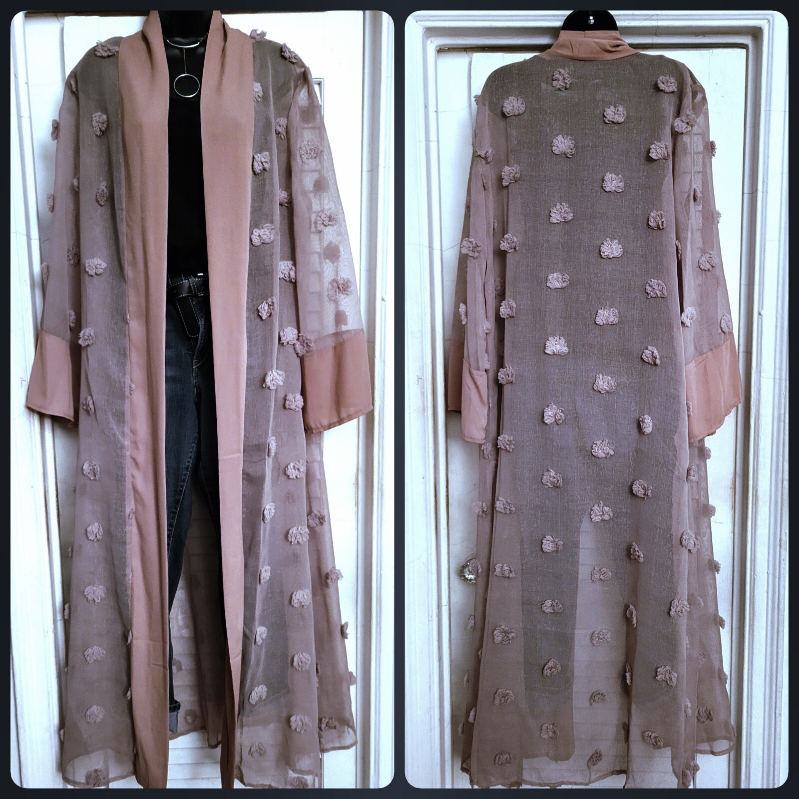 Chic Brownish Beige Loose Long Sleeve Sheer Applique Solid Border Maxi Duster L