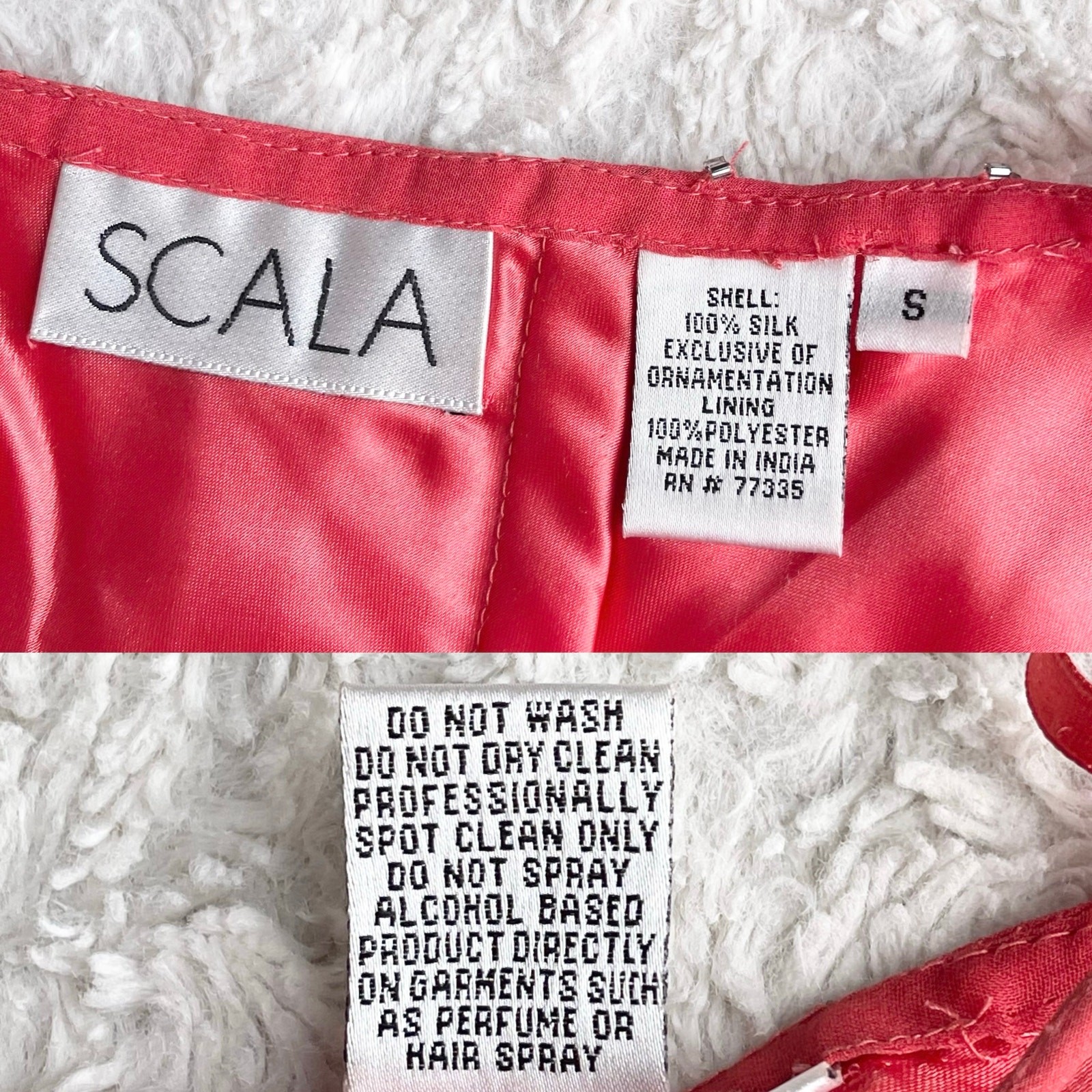 Scala coral pink 100% silk ruffle hem slip dress gown prom beaded sequin formal