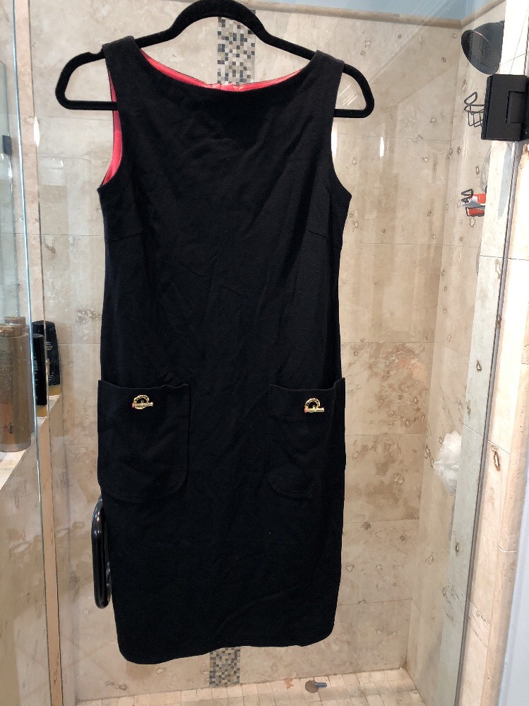 Ivanka Trump Dress XS, Posh Career Tassel Spandex Black Gold Pink Bamboo Accent