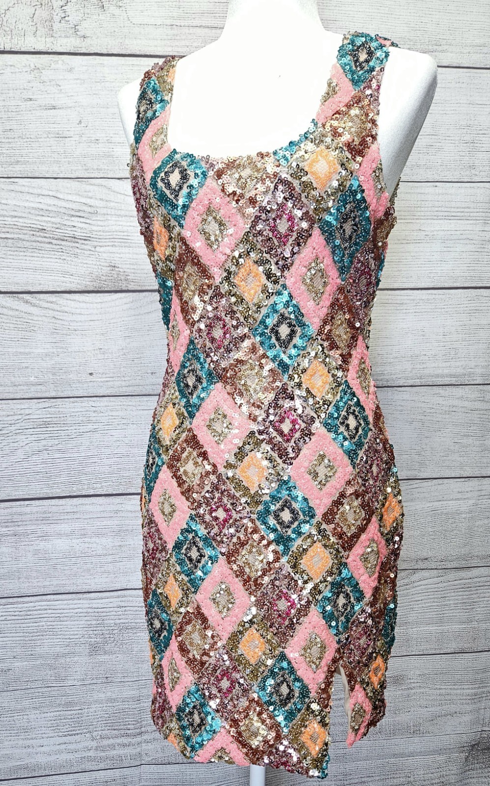 Women’s Sequin Geometric Bodycon Mini Dress Scoop Neck Pink Teal Gold M