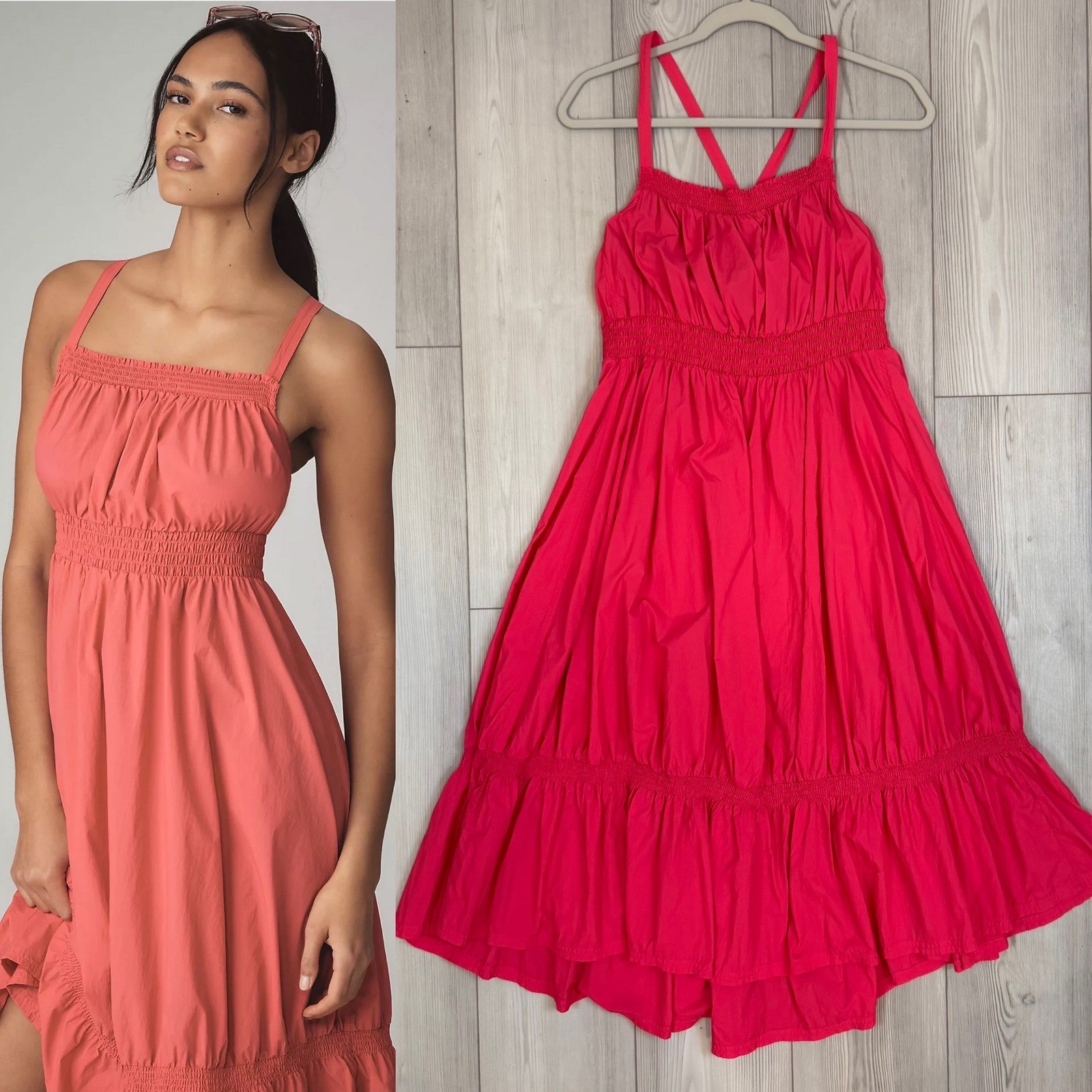 Daily Practice Anthropologie Tiered High-Low Midi Dress Pink Smocked Small