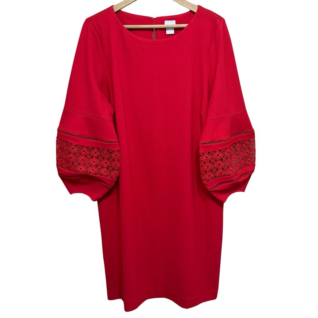 Chico’s Chic Lantern Sleeve Short Dress Size 2.5/14 Red Ponte Knit Sheath NWT