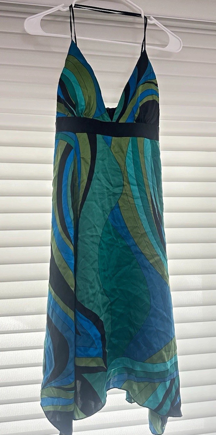 Vintage Single Dress Geometric Silk Slip Midi Dress V-Neck Blue/Green M