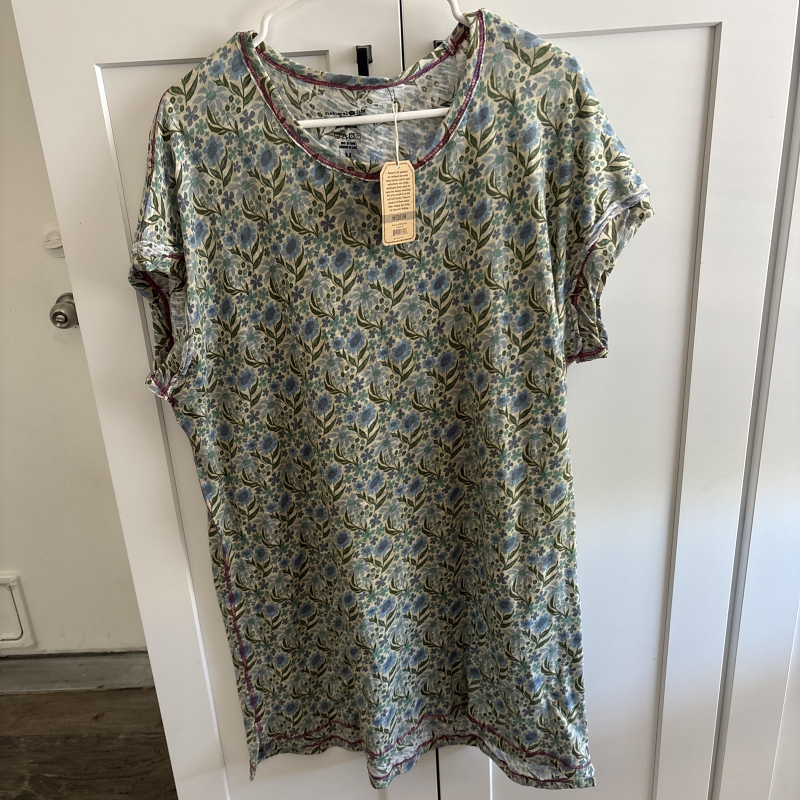 NWT Natural Life Frankie Knit Tee Mini Dress Cotton Slub Blue Green Floral M