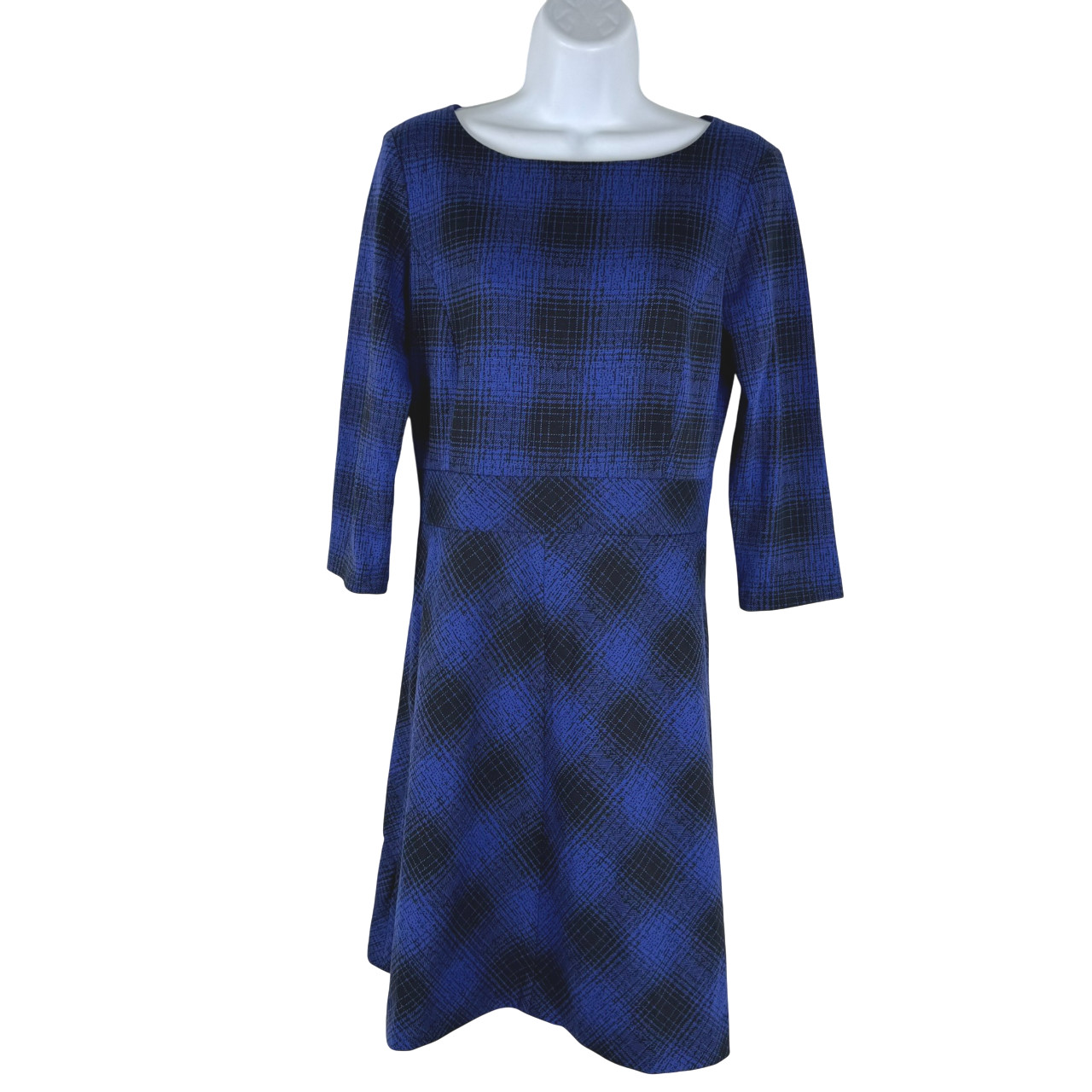 L.L. Bean Signature Dress Size 6 Buffalo Plaid Blue Black 3/4 Sleeve DR-1715