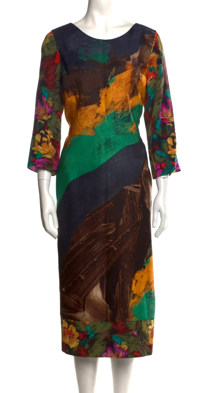Oscar De La Renta Brushstroke Floral Midi Dress Abstract Wool Silk Sz 12 XL NWOT