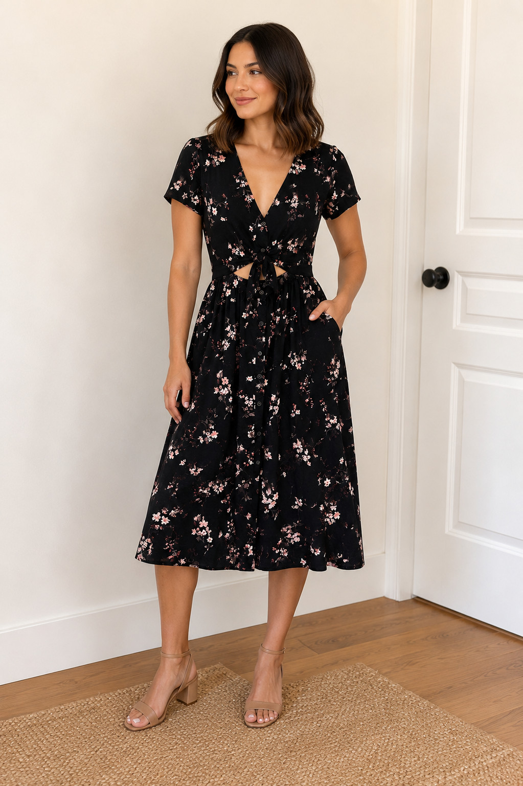 Black Floral Midi Shirt Dress – Button & Tie Front – Pockets! – Women’s Size M