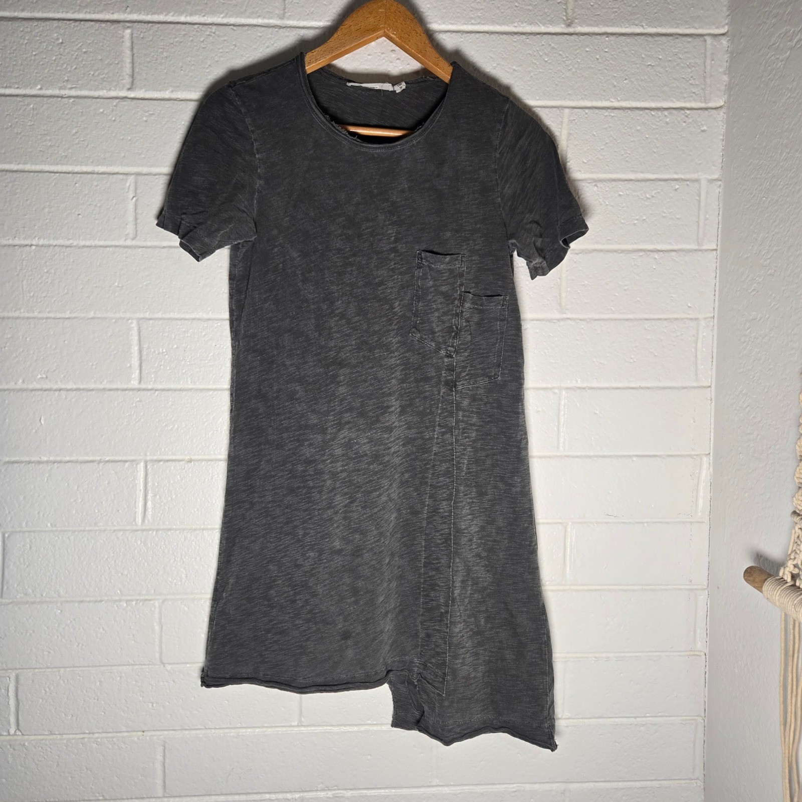 Wilt Asymmetrical Slub Knit Pocket T-Shirt Dress Medium Raw Hem USA Minmalist