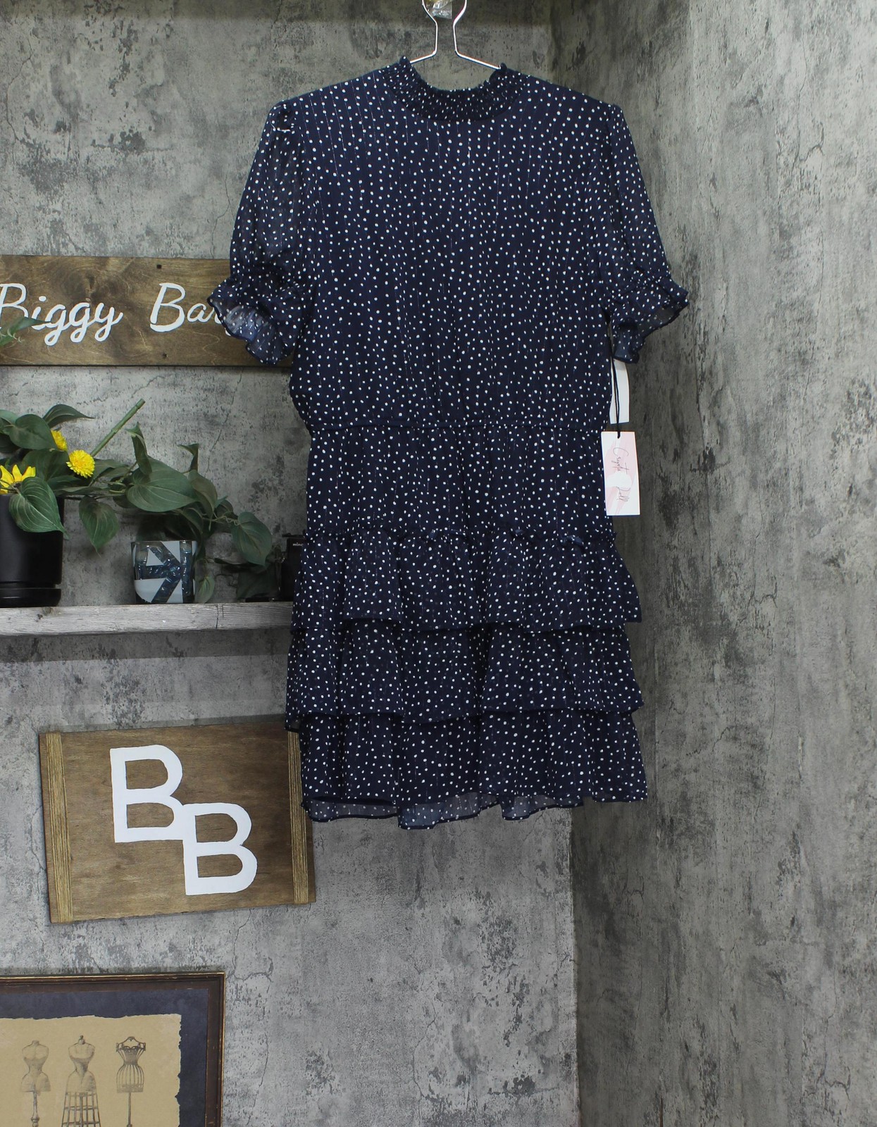 crystal Doll Short Puff Sleeved Sheer Fit Flare Dress Navy Blue / White L