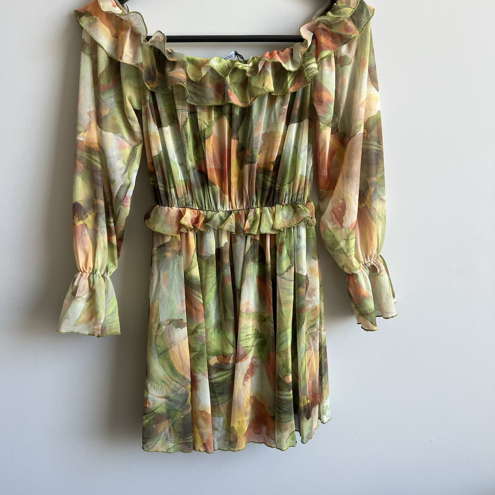 Zara Dress Ruffled Printed Mesh Tulle Off/On Shoulder NWOT Small Fairy Mini
