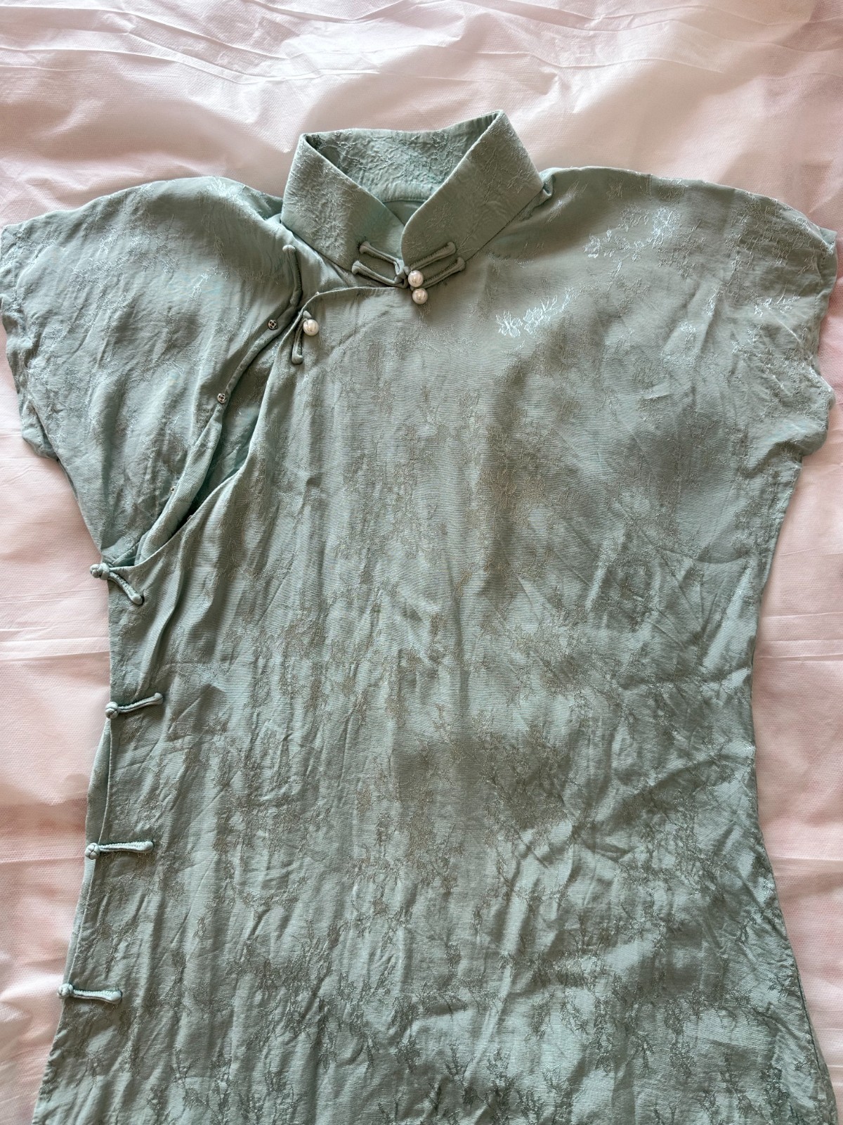 Light Sage Green Jacquard Qipao Cheongsam Dress Size M Mandarin Collar