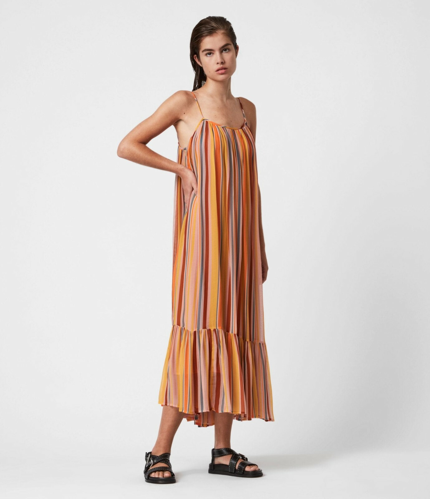 Allsaints Paola Striped Slip Midi Dress Rainbow Tiered Sleeveless S US-4 208793