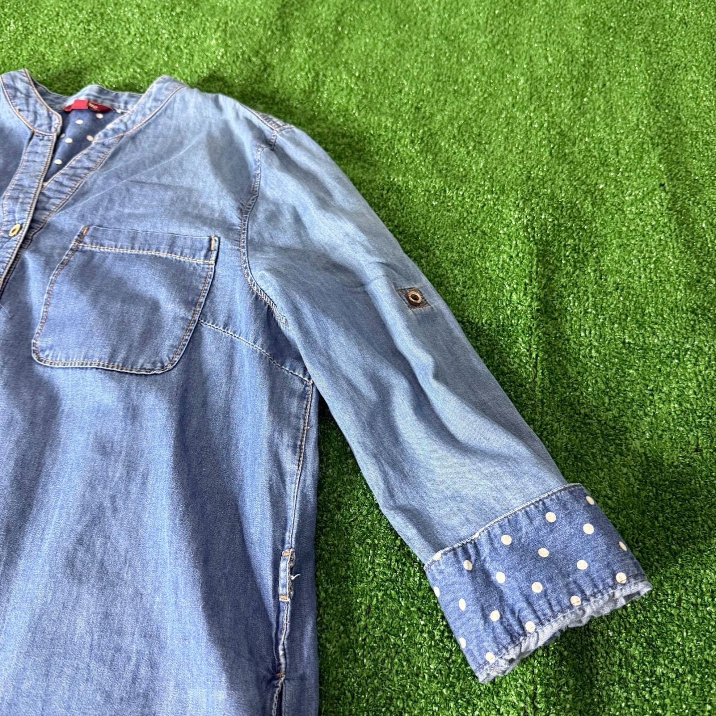 Osborne Chambray Shirt Dress Roll-Tab Sleeve Contrast Cuffs Band Collar Size L