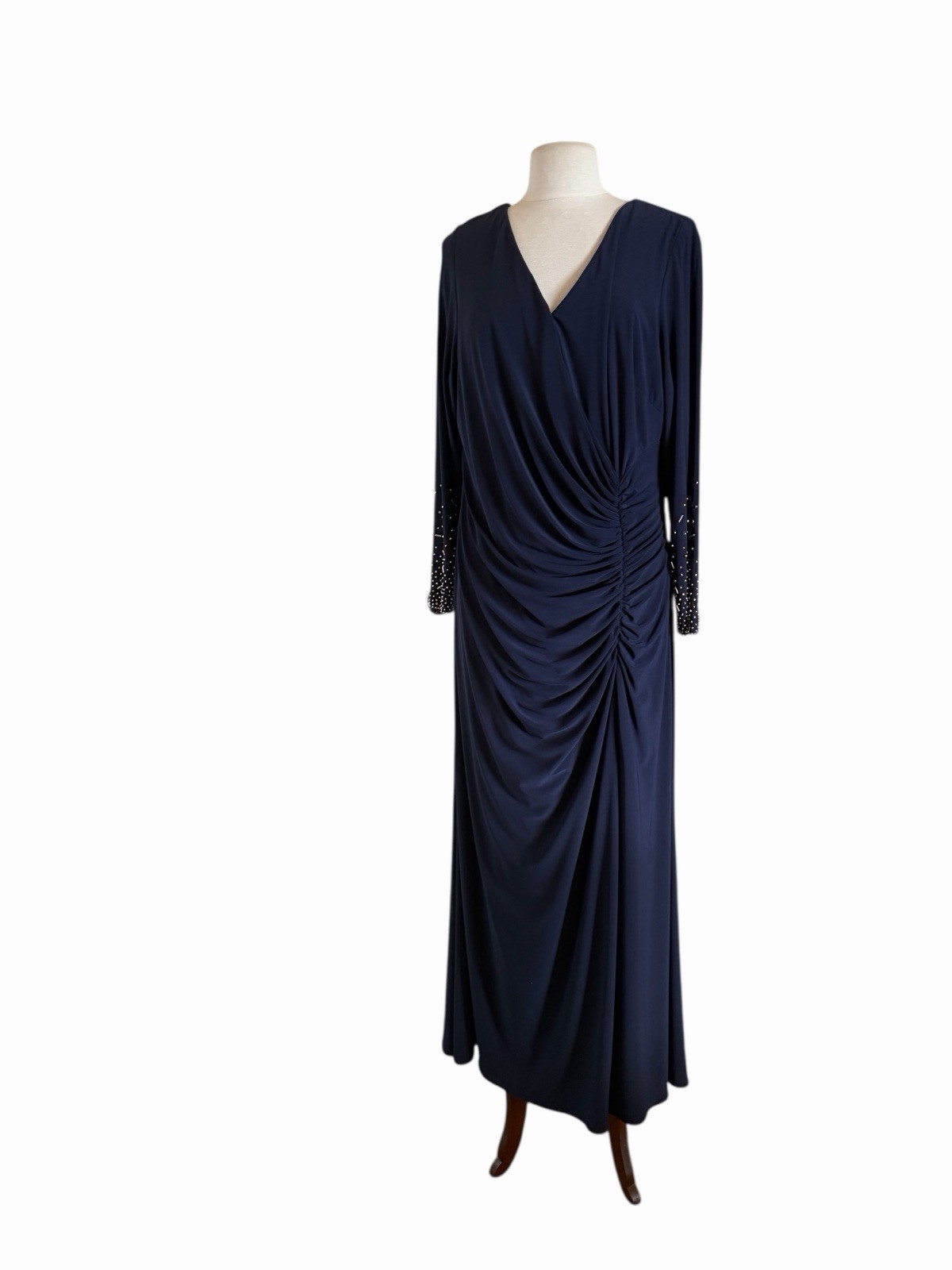 Xscape Womens Navy Blue V Neck Studded Rhinestone Long Sleeve Maxi Dress Gown 18