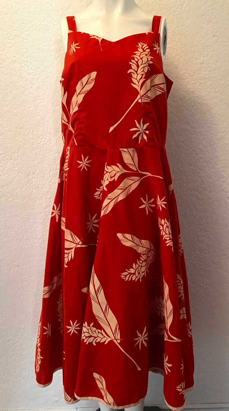 Vintage Fit Flare Dress Medium Red Hawaiian Botanical Print Sundress Sleeveless