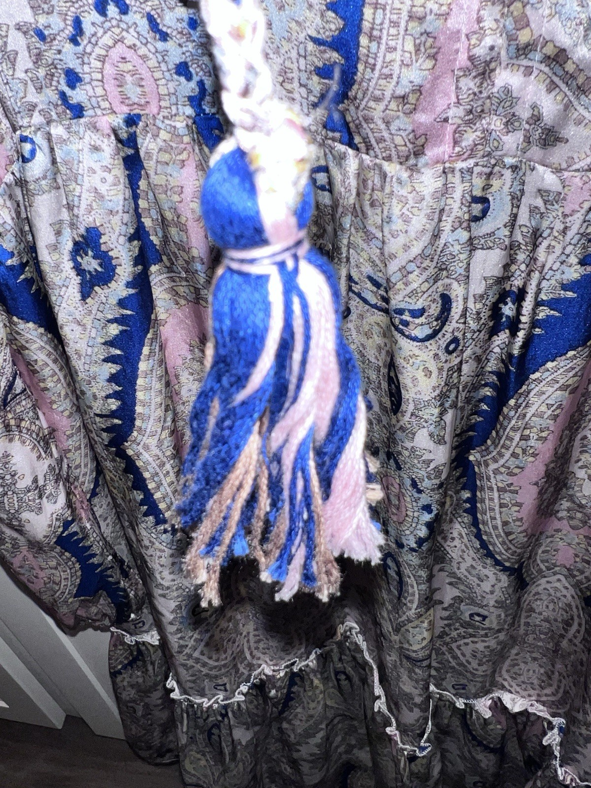 Lola Australia Silk Tiered Medallion Print Dress Size XS, Pink, Blue Long Sleeve