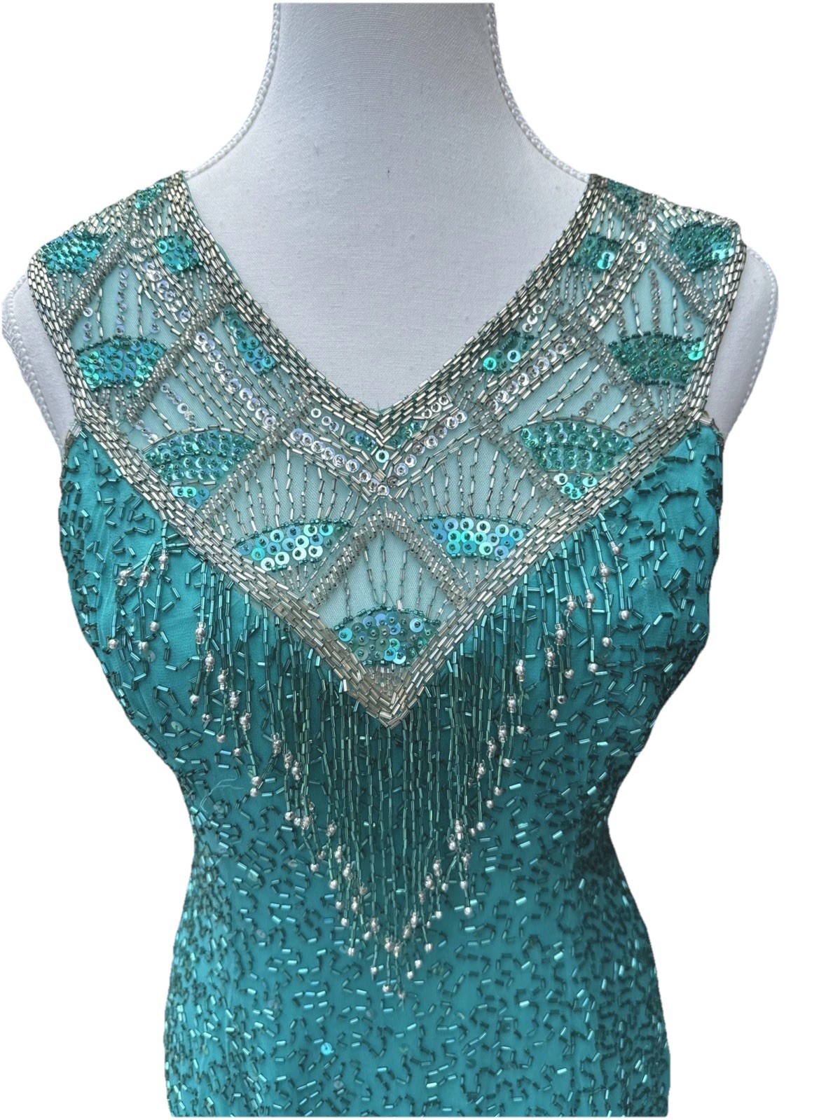 Cache Beaded Sequined Teal Formal Evening Dress Sz 8 Party 90s Y2K Flapper NYE