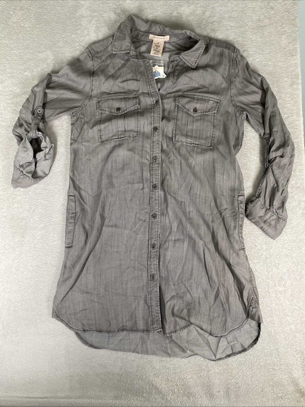 Philosophy 100% Tencel Roll Tab Long Sleeve Shirt Dress Women’s Medium Gray