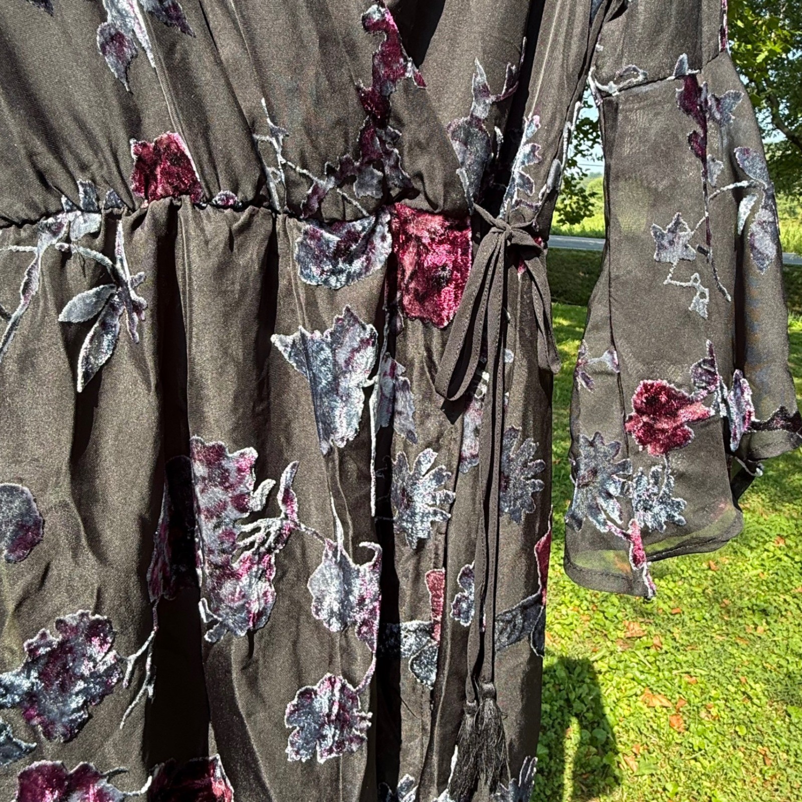 Flying Tomato Burnout Velvet Floral Maxi Dress Black High Low Bell Sleeve Wrap