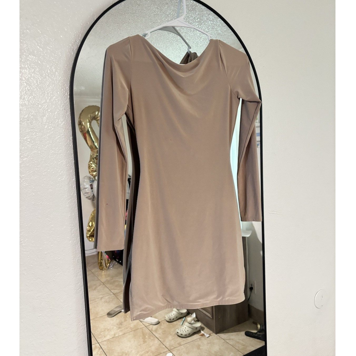 TRESSER Beige Bodycon Mini Dress S Scoop Neck Long Sleeve Tie Back Jersey