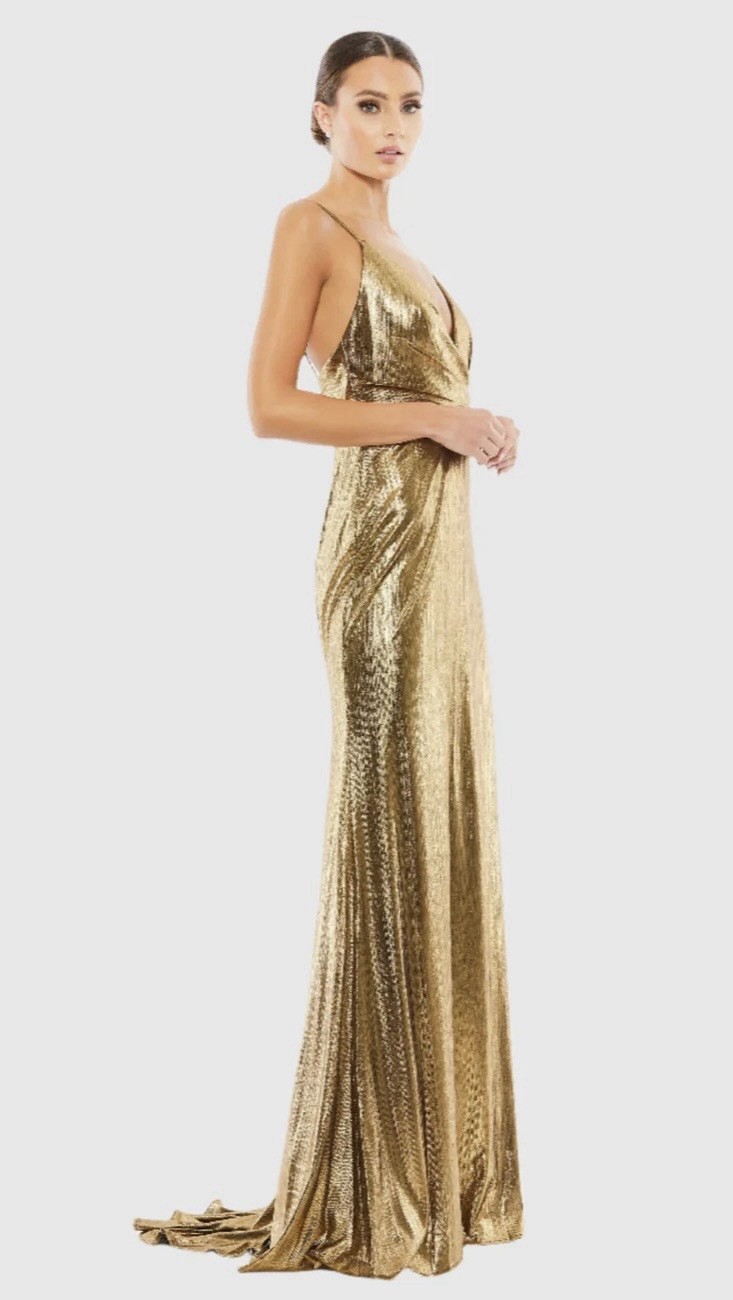 NWT IEENA/MAC DUGGAL SZ 0 GOLD V-Neck Sleeveless W/sweeping Train #26408