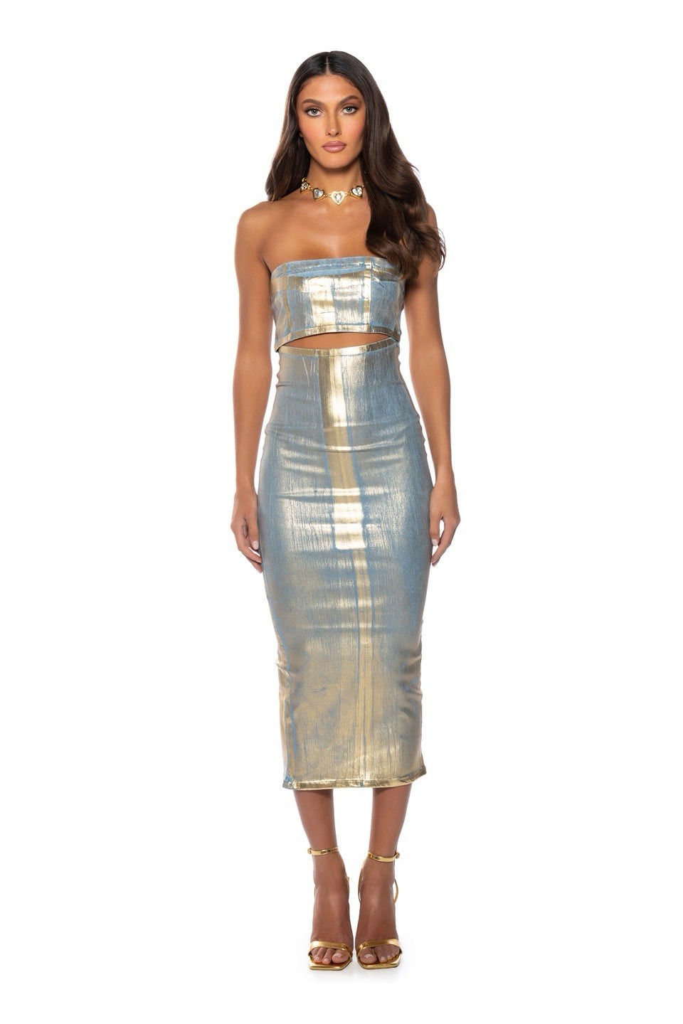 AKIRA Label Im Gold Denim Coated Midi Dress Back Zip Women’s Size L Multi