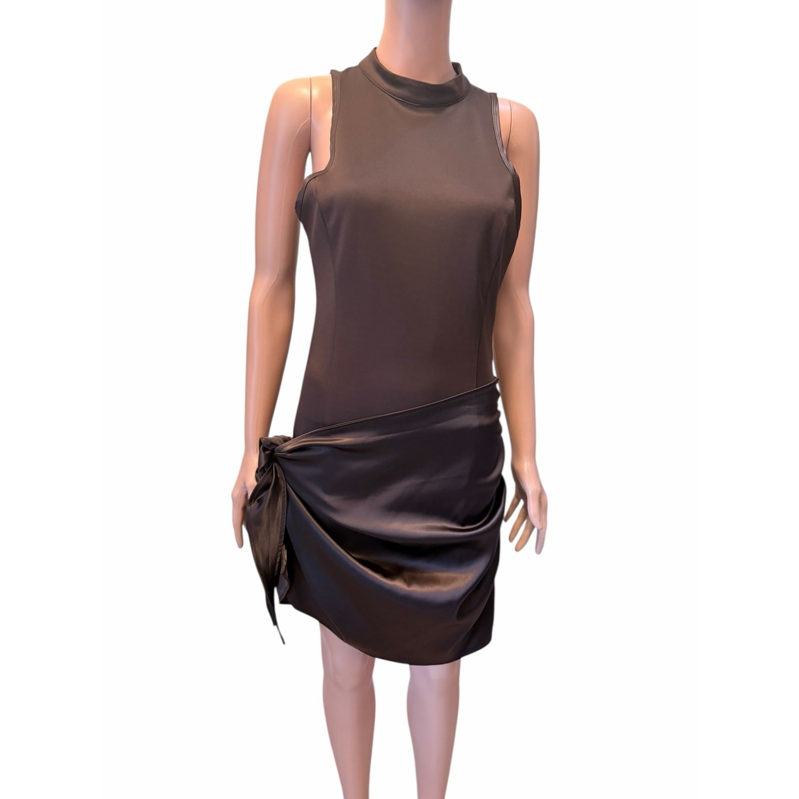 Manière De Voir Neoprene & Satin Wrap Bodycon Dress brown. Elegant modern glam