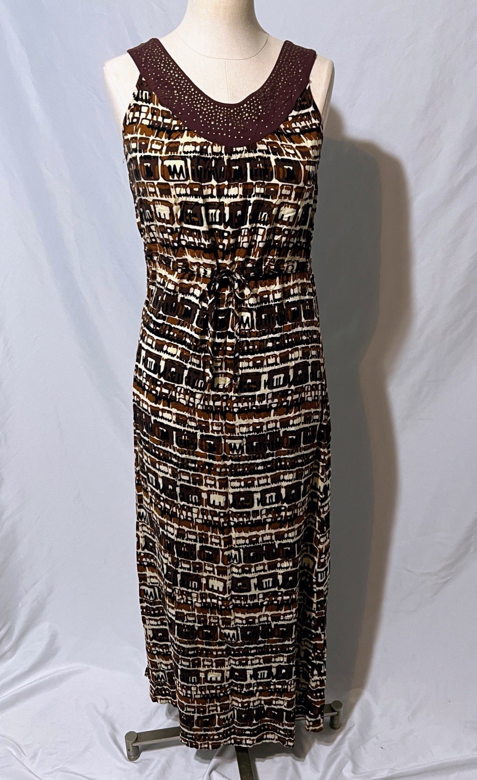 Elementz Women’s Sleeveless Dress Size PM – Drawstring Brown Pattern