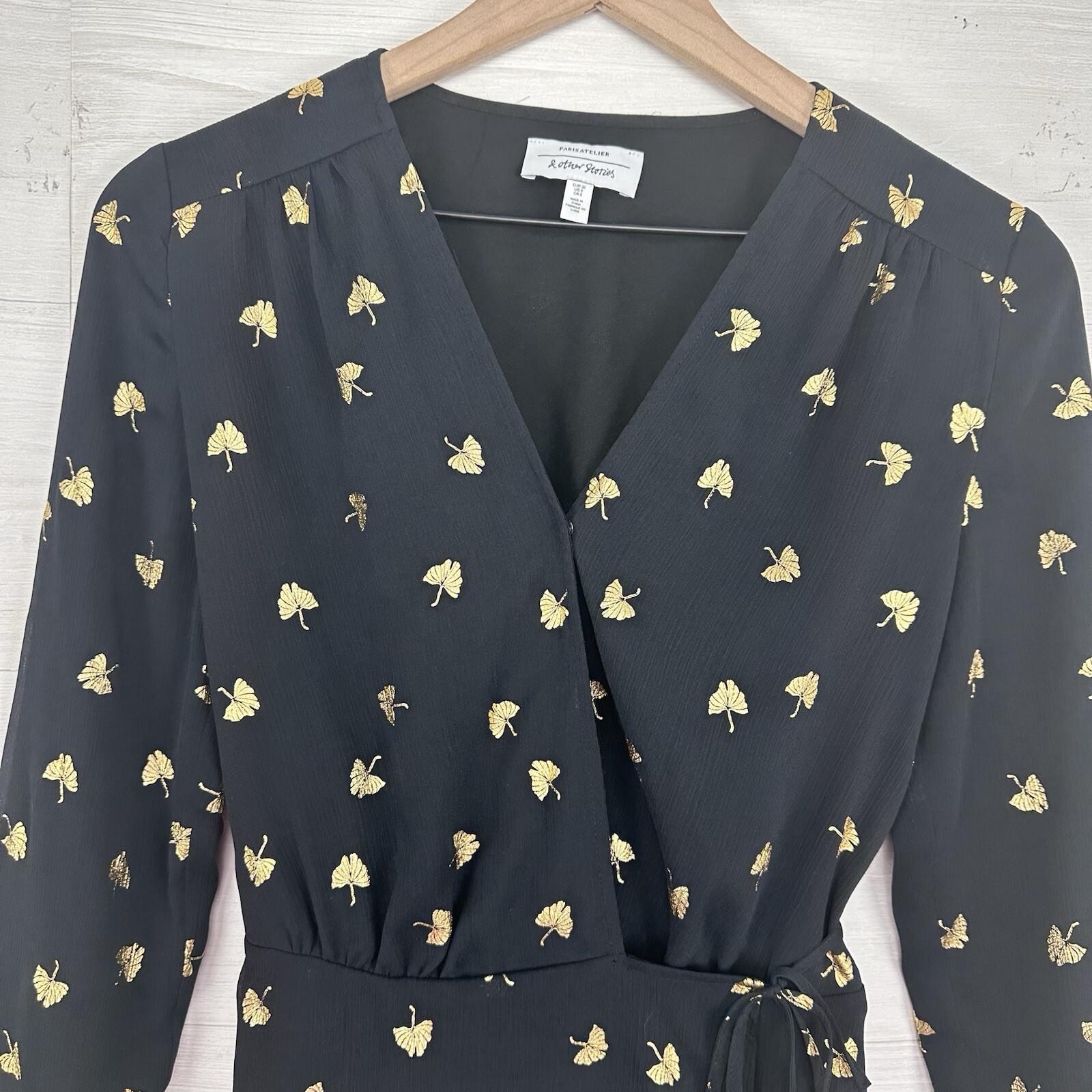 & Other Stories Mini Wrap Dress Size 0 Black Gold Leaves Long Sleeve Twee