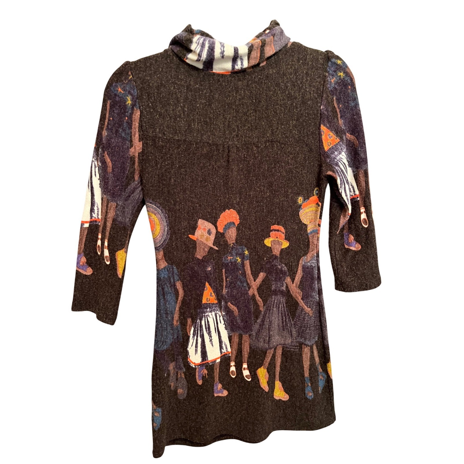 ARYEH Ladies AOP Ethnic Print Cowl Neck 3/4 Sleeve Sweater Dress Size M Vintage