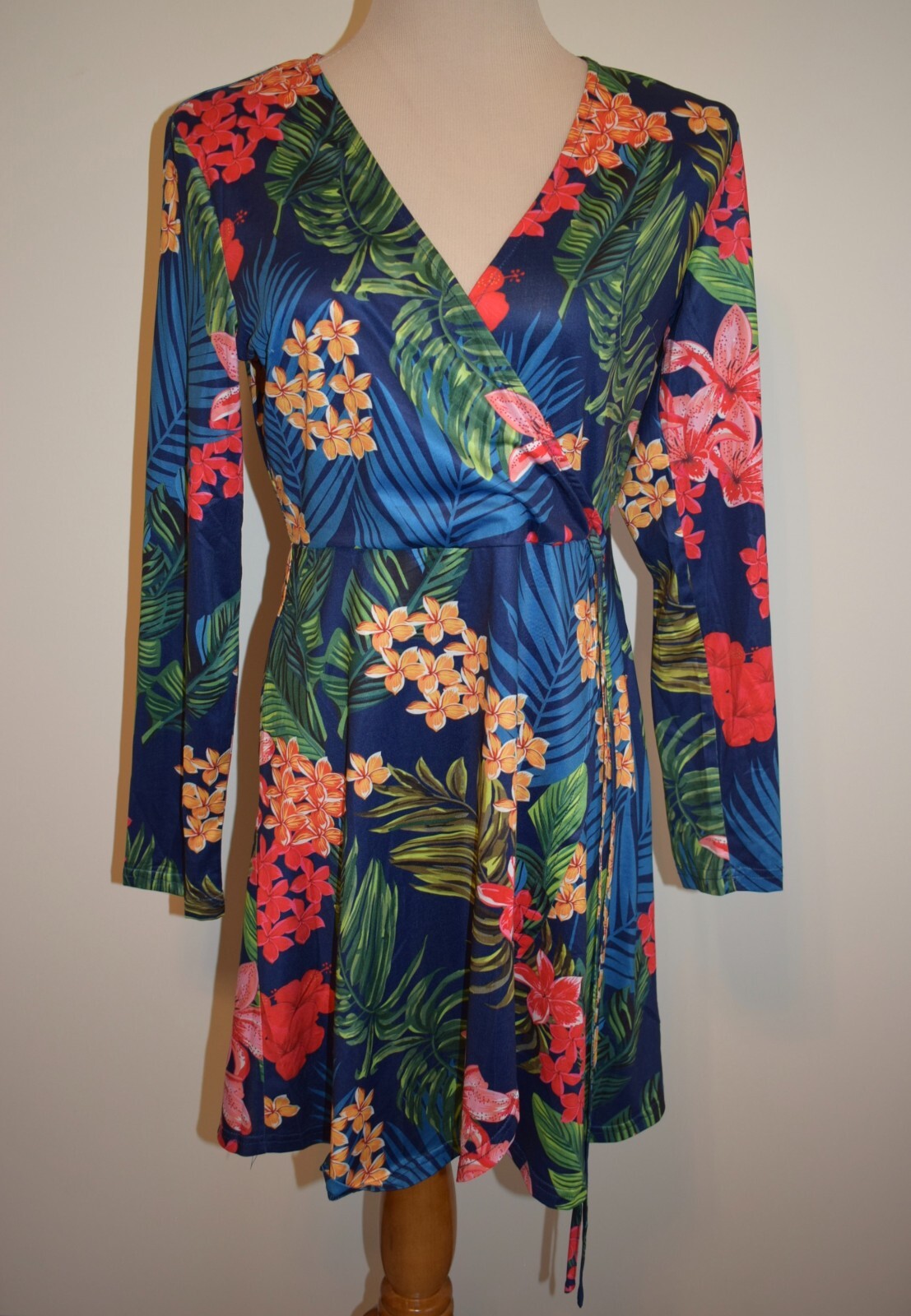 New Womens Noblemoon Dress Large Blue Floral Long Sleeve Coverup Sundress