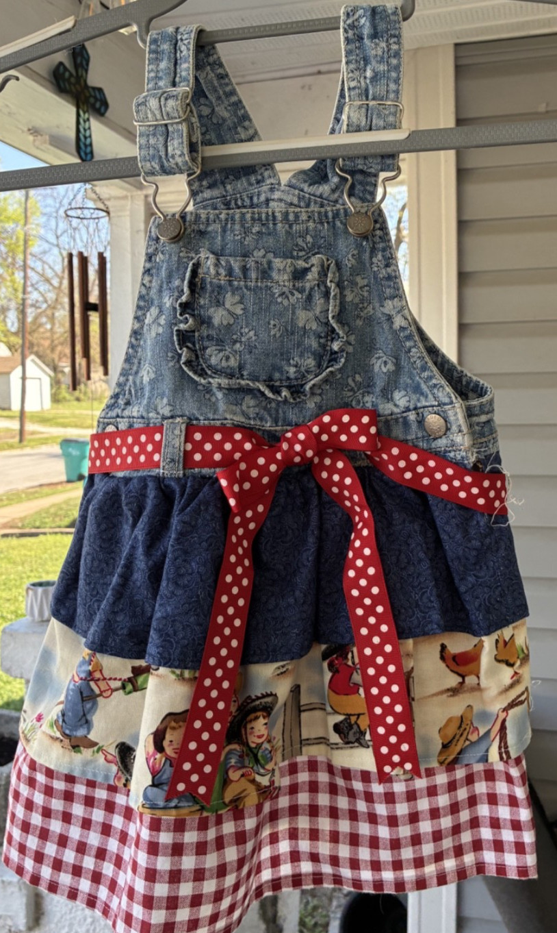 Upcycled Denim Overall Bodice Into Jumper Dress Cowgirl Print Toddler Size 2-3