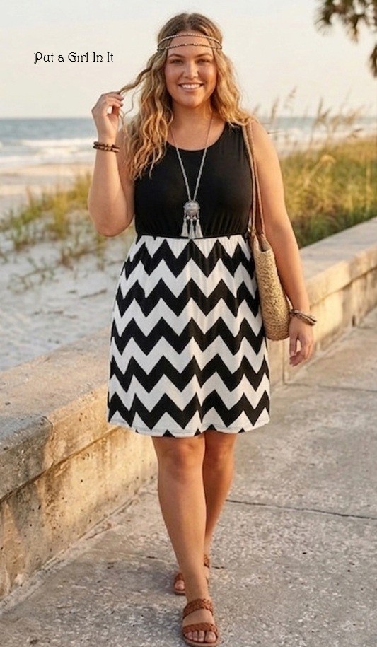 USA Boho Women’s Plus Size Black White Chevron Sleeveless Tank Dress 1X 2X 3X