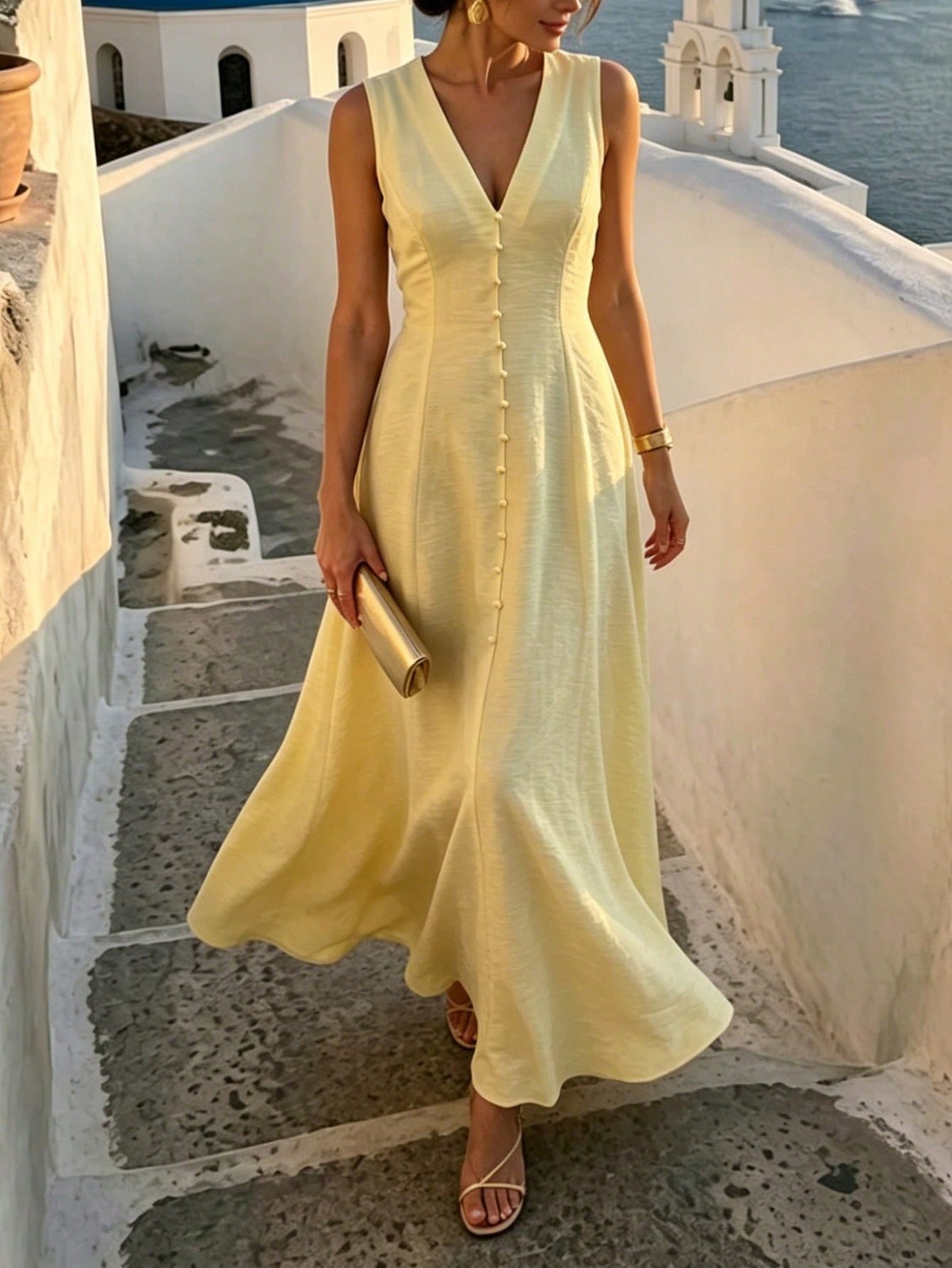 Elegant Ladies Pale Yellow V Neck Maxi Dress