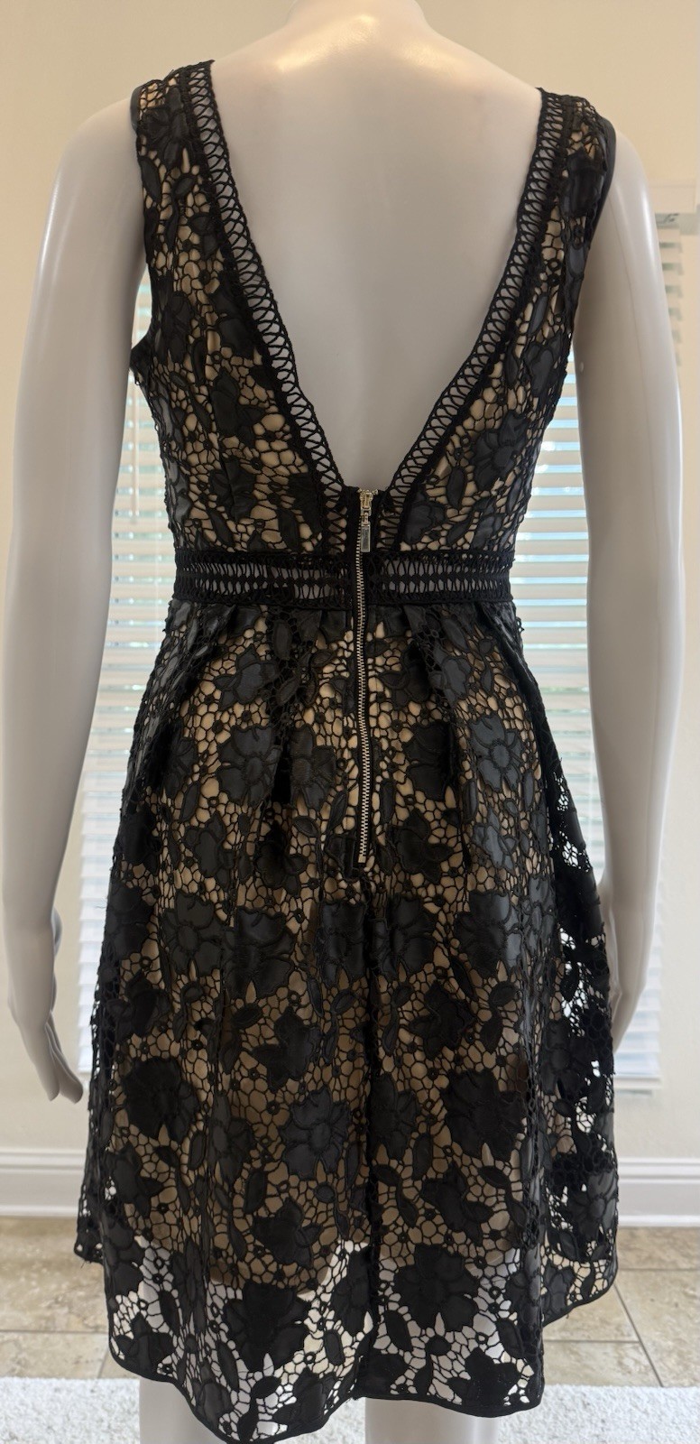 Romeo & Juliet Couture Black and Nude Floral Eyelet Lace Illusion Dress SizeS