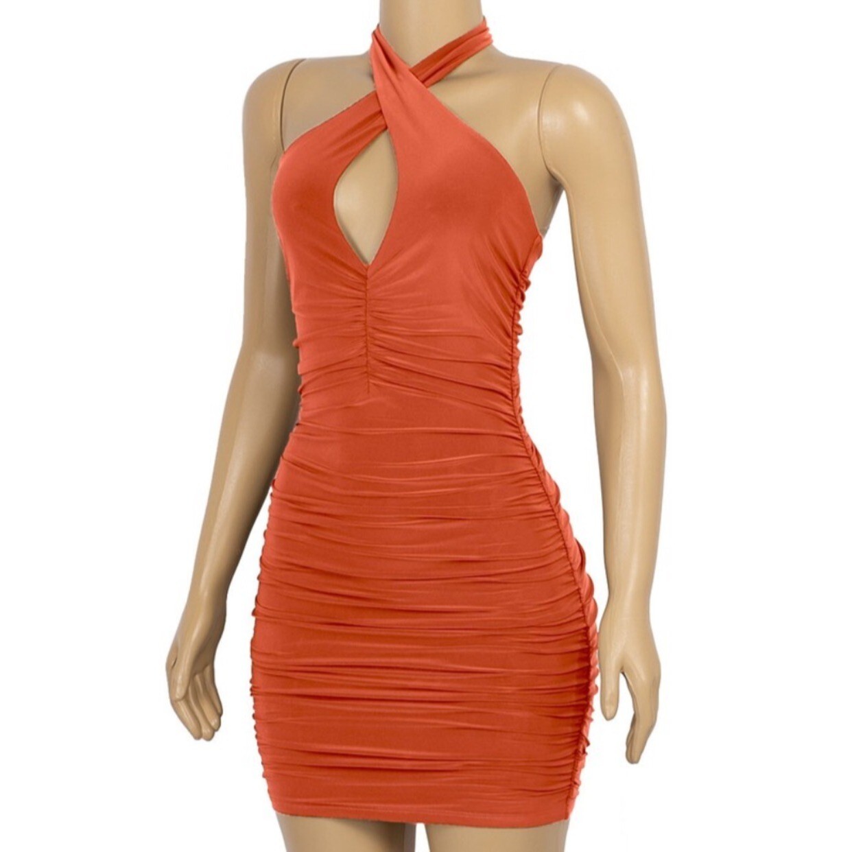 Tresser Ruched Bodycon Keyhole Halter Mini Dress Orange Size Small NWT