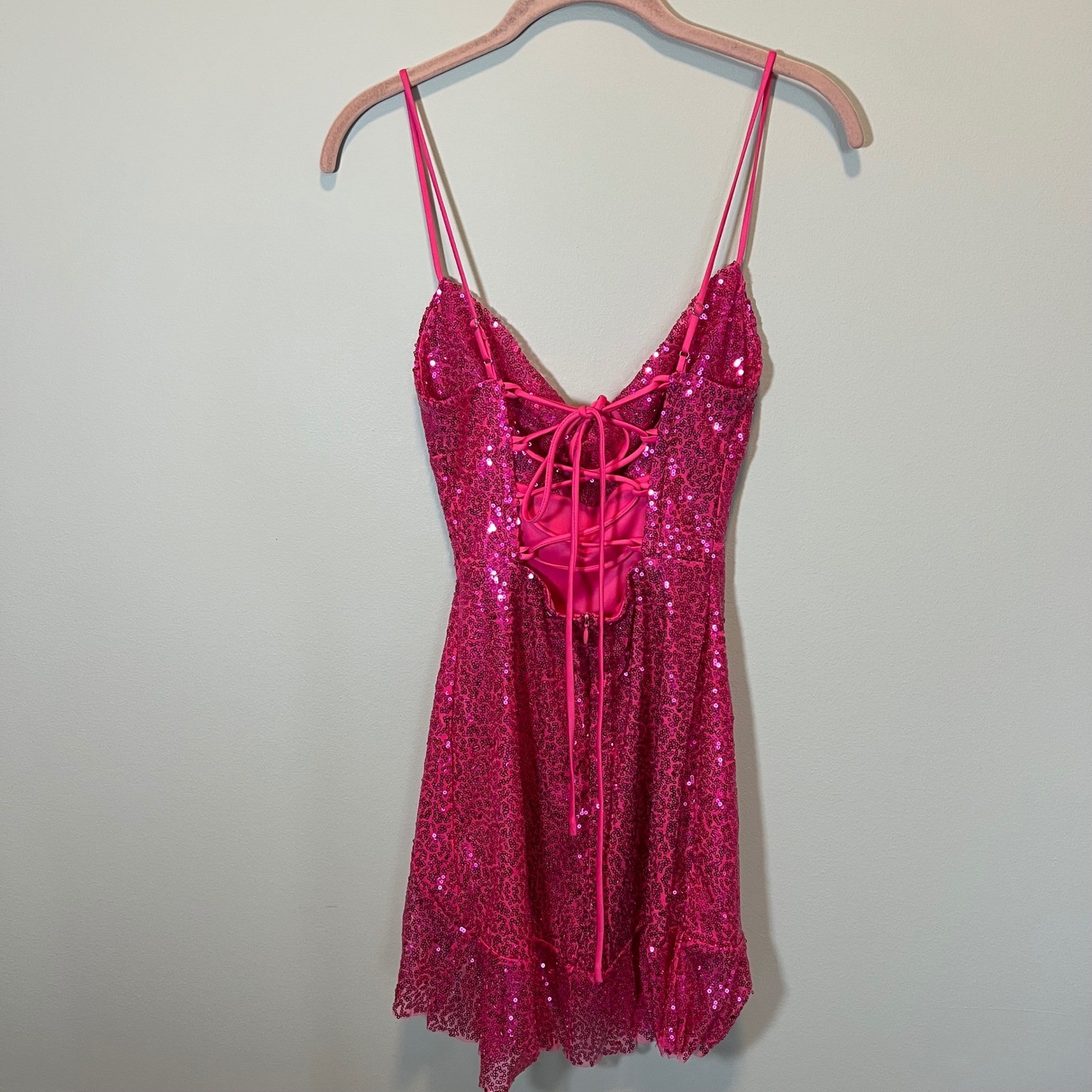 Lucy In The Sky Hot Pink Sequin Lace Up Back Ruffle Mini Dress Small