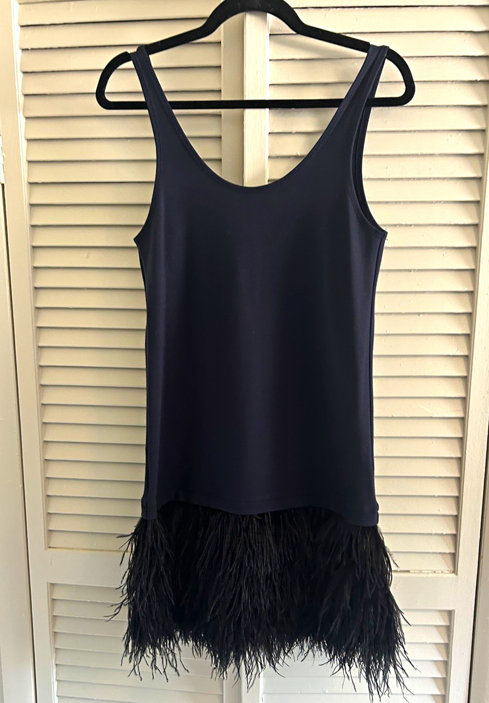 Theory navy Sheath Dress with Navy Ostrich Feather Hem Short M
