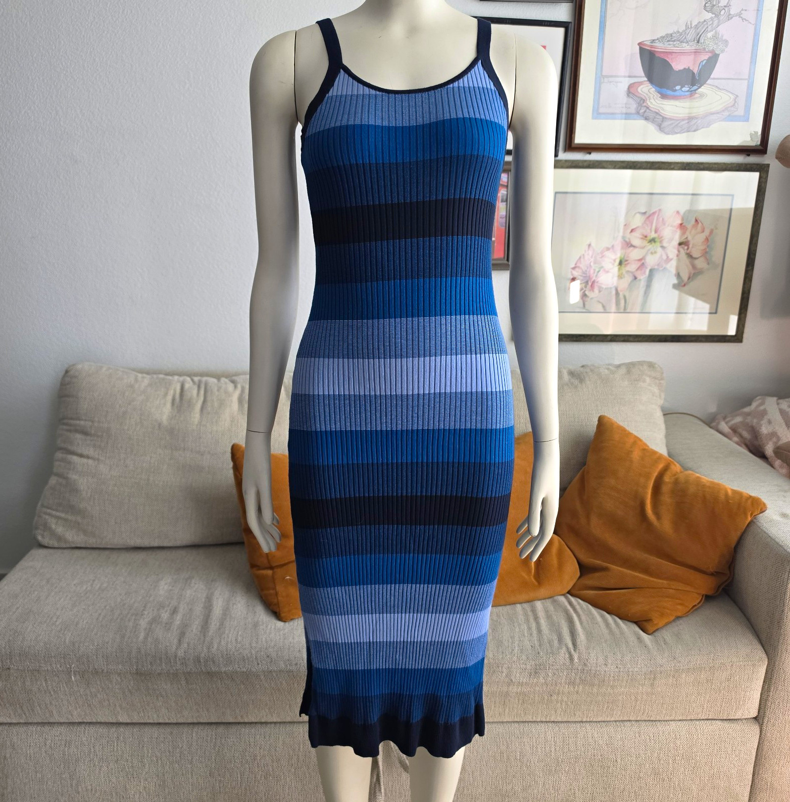 Banana Republic Petite XXS Blue/Black Striped Scoop Neck Knit Bodycon Midi