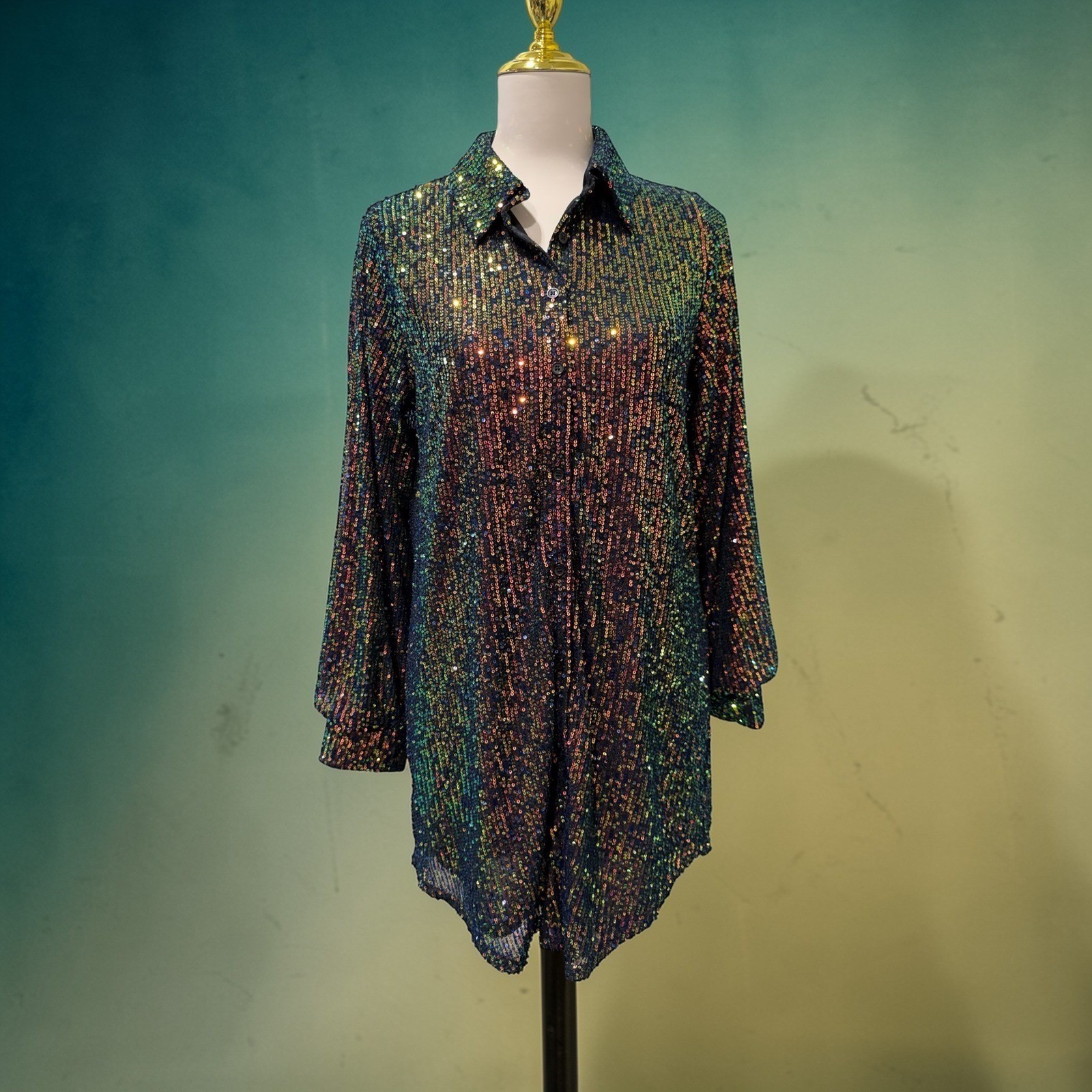 Jodifl Womens Iridescent Sequin Button Down Shirt Dress Multi-Color Small New