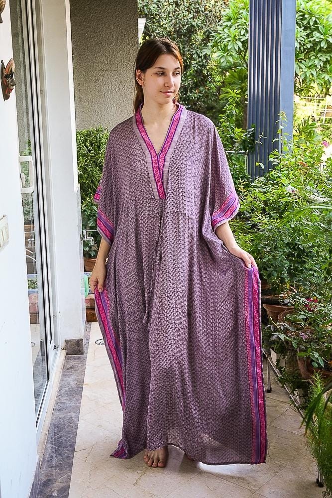 Silk Brown Kaftan / Handmade Flowy Maxi Dress / Resort Wear Outfit PS MFN1050
