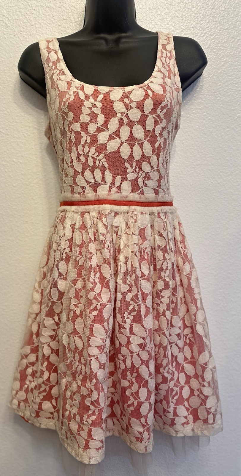 Forever 21 Love 21 Coral/Pink Ivory Lace Party Dress Women/JRS Sz S Tank Ribbon