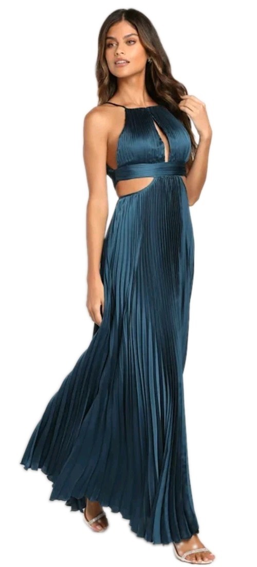 MINUET XS Plisse Pleated Satin Halter Cutout Formal Maxi Dress Dk Turquoise Teal