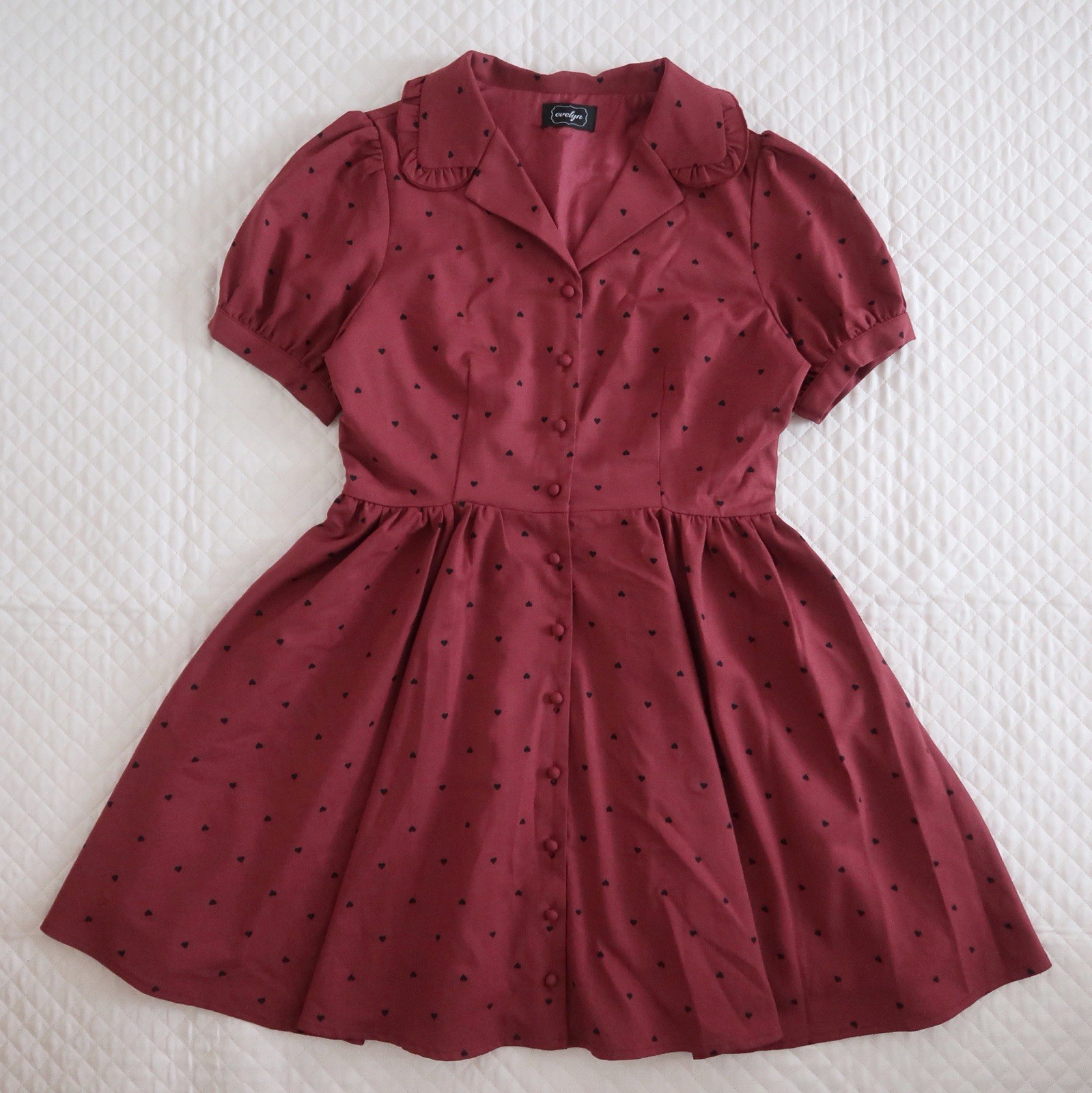 Evelyn Heart Pattern Burgundy Dress Kawaii Girly Feminine Japanese Fashion