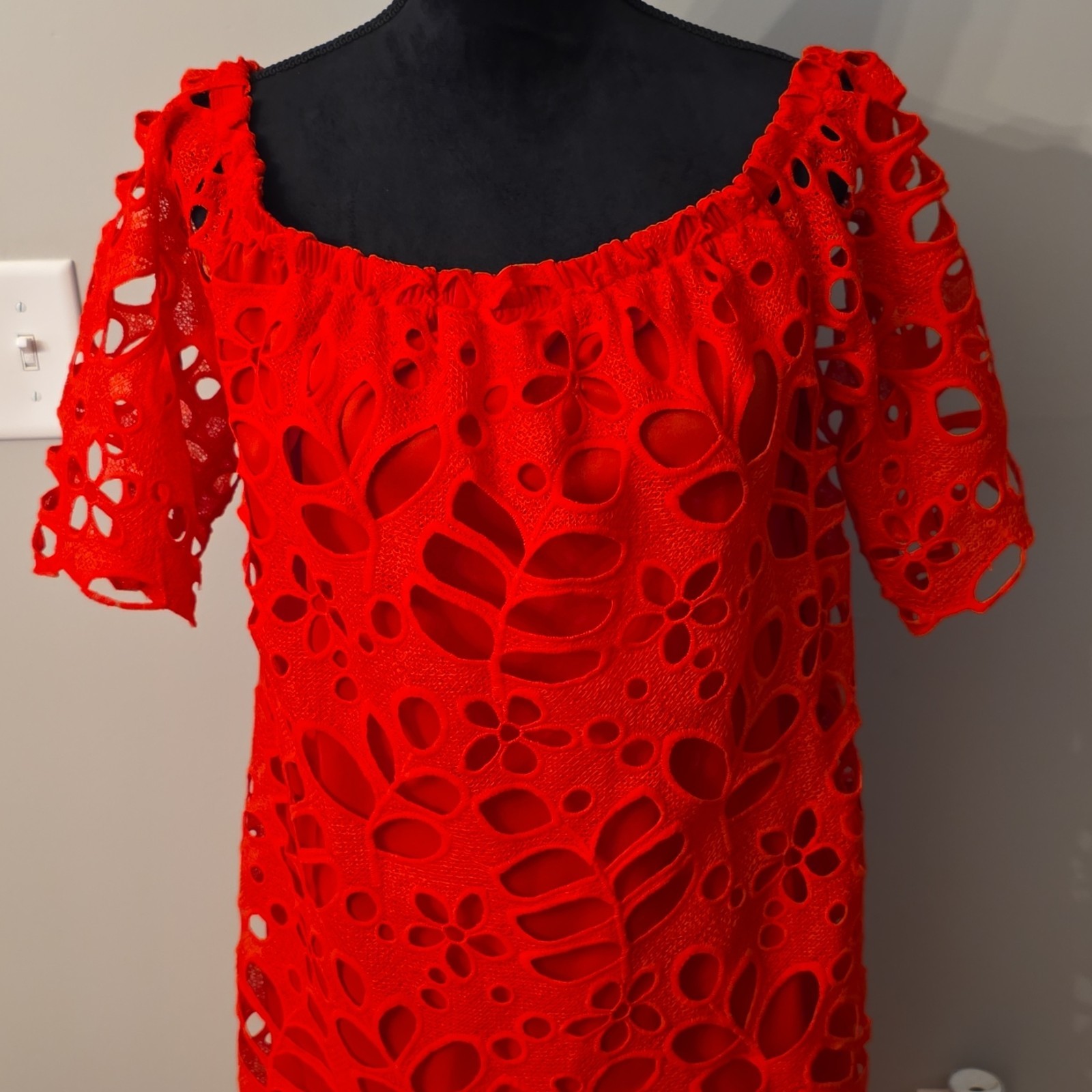 PrettyGarden Red Floral Lace Off Shoulder Cut-Out Shift Knee Dress XL